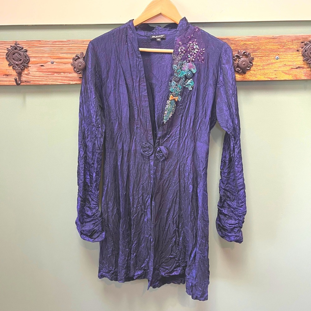 Lee Andersen Womens XS Iridescent Purple Crinkle Beaded Art‎ to Wear Jacket